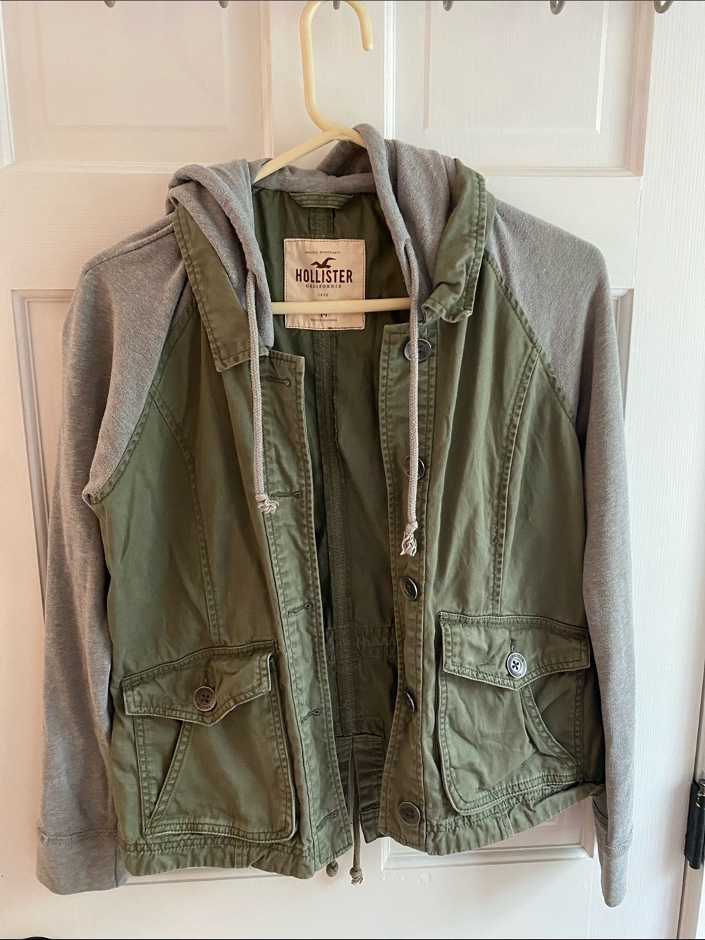 Hollister Green Denim Jacket with Grey sleeves and hood | Size M